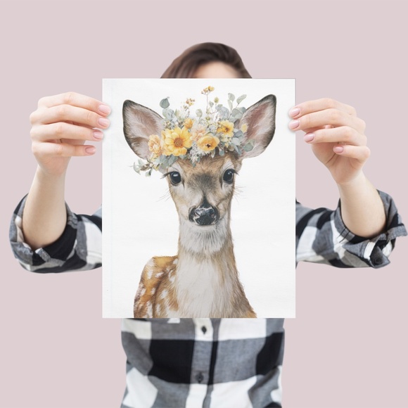 Watercolor Deer with Flower Wreath Illustration Wall Art Print Poster, Unframed - Picture 4 of 6